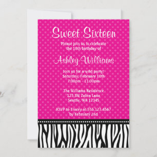 Hot Pink and Black Zebra Polka Dot Sweet 16 Invitation