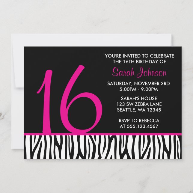 Hot Pink and Black Zebra Sweet 16 Number Birthday Invitation (Front)