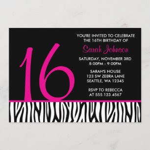 Hot Pink and Black Zebra Sweet 16 Number Birthday Invitation