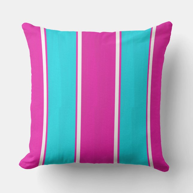 Hot Pink and Blue Cabana Stripes Throw Pillow (Front)