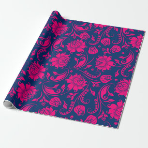 Hot Pink And Blue Floral Damasks Wrapping Paper