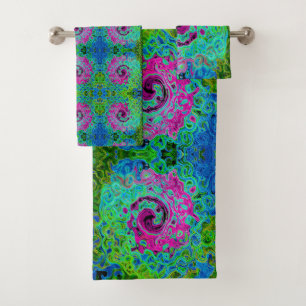 Hot Pink and Blue Groovy Abstract Retro Swirl Bath Towel Set
