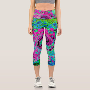 Hot Pink and Blue Groovy Abstract Retro Swirl Capri Leggings