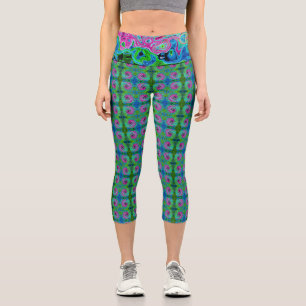 Hot Pink and Blue Groovy Abstract Retro Swirl Capri Leggings