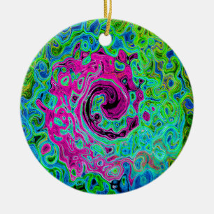 Hot Pink and Blue Groovy Abstract Retro Swirl Ceramic Tree Decoration