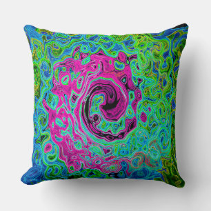 Hot Pink and Blue Groovy Abstract Retro Swirl Cushion