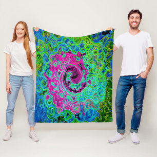 Hot Pink and Blue Groovy Abstract Retro Swirl Fleece Blanket