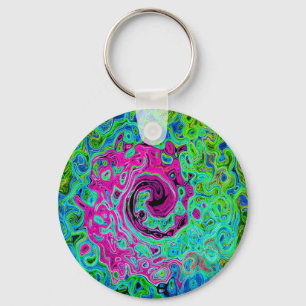 Hot Pink and Blue Groovy Abstract Retro Swirl Key Ring