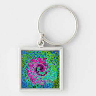 Hot Pink and Blue Groovy Abstract Retro Swirl Key Ring