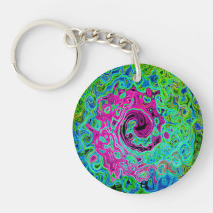 Hot Pink and Blue Groovy Abstract Retro Swirl Key Ring