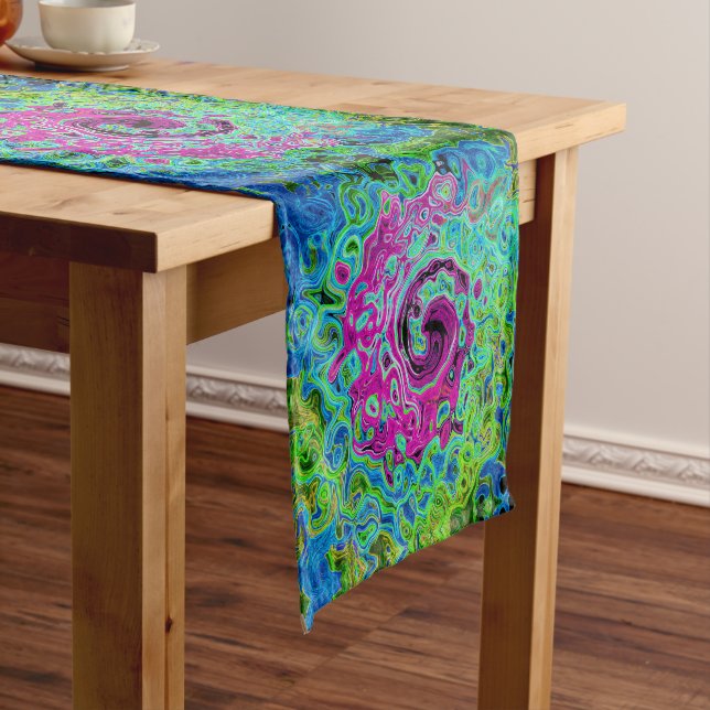 Hot Pink and Blue Groovy Abstract Retro Swirl Long Table Runner (In Situ)