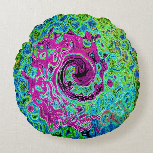 Hot Pink and Blue Groovy Abstract Retro Swirl Round Cushion (Front)