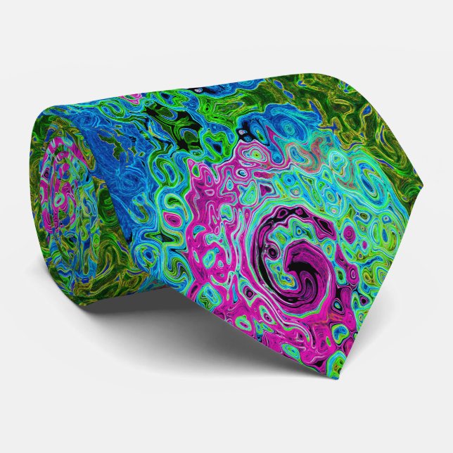 Hot Pink and Blue Groovy Abstract Retro Swirl Tie (Rolled)