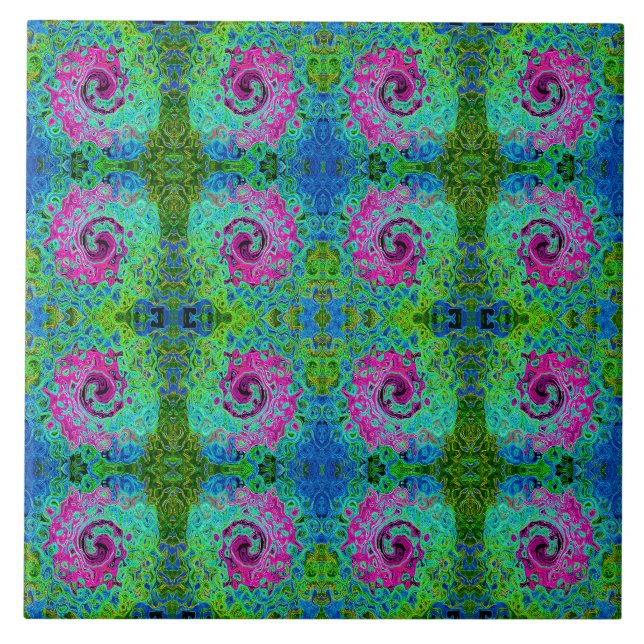Hot Pink and Blue Groovy Abstract Retro Swirl Tile (Front)