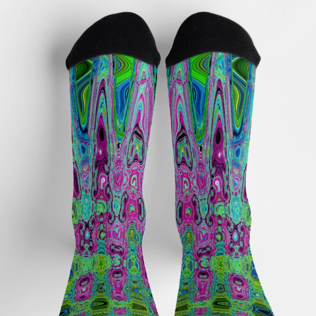 Hot Pink and Blue Groovy Abstract Retro Waves Socks (Top)