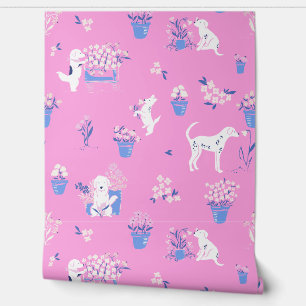Hot Pink and Blue Puppy Dog Floral Wallpaper