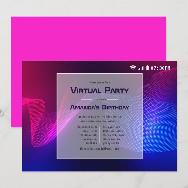 Hot=Pink and Blue Virtual Glow Birthday Party Invitation (Front/Back)