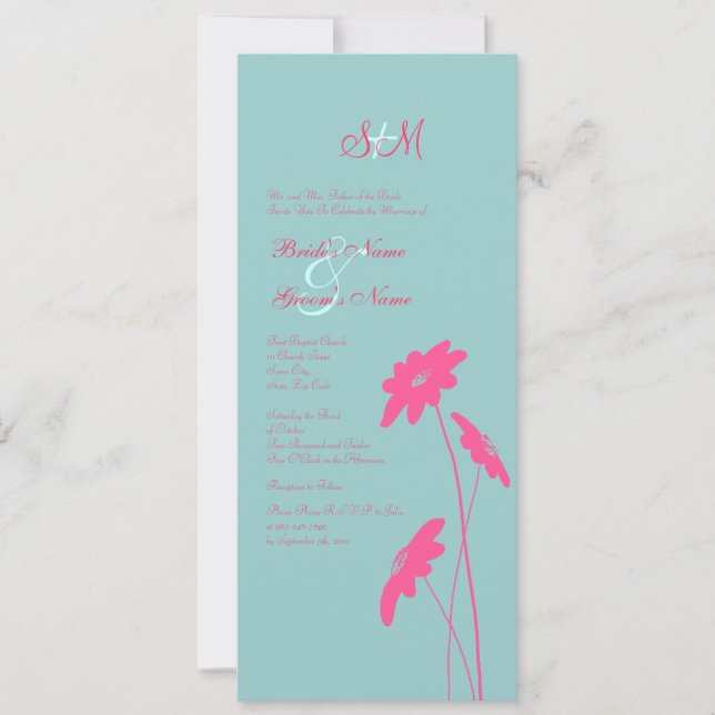Hot Pink and Blue Wildflowers Wedding Invitation (Front)