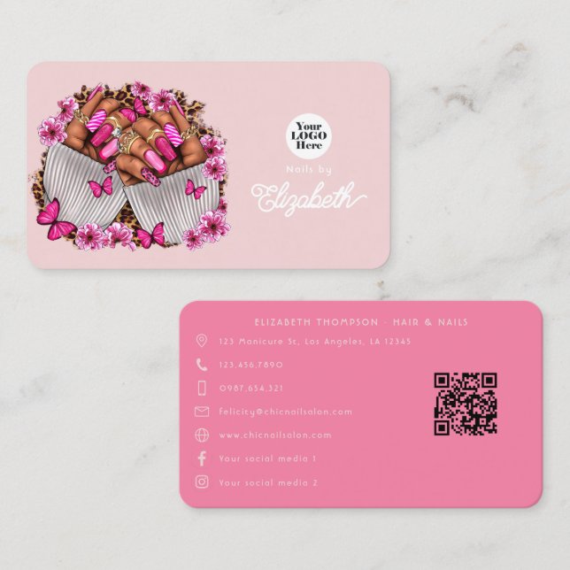Hot-Pink and Blush African American Nail Salon Business Card (Front/Back)