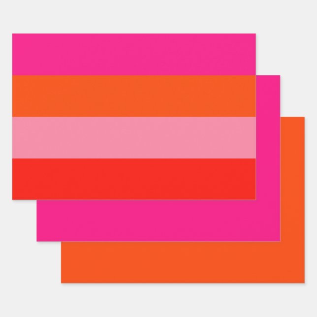 Hot Pink and Bright Orange Stripes  Wrapping Paper Sheet (Set)
