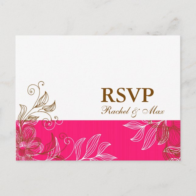 Hot Pink and Brown Floral RSVP Postcard (Front)