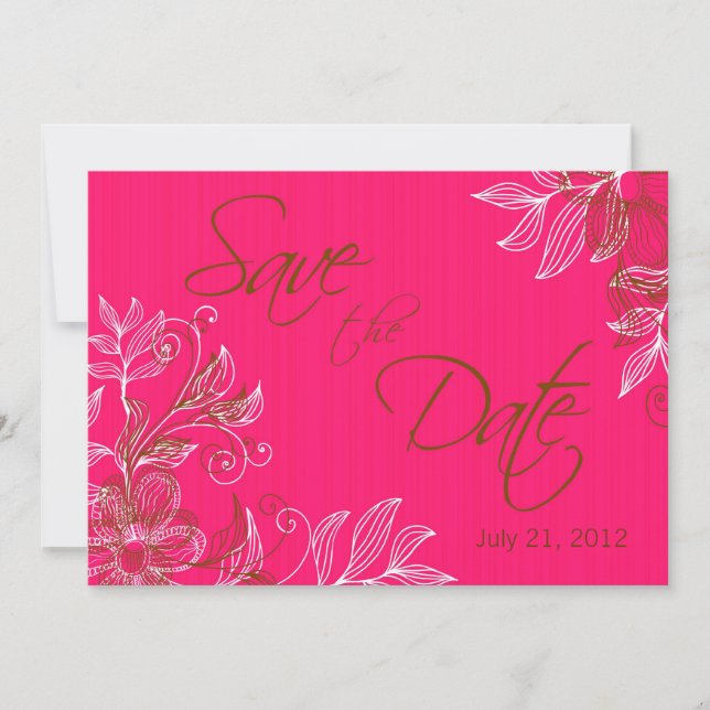 Hot Pink and Brown Floral Wedding Save The Date Invitation (Front)