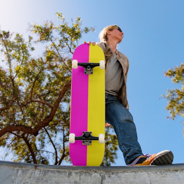 Hot Pink And Canary Yellow Stripes Skateboard (Outdoor 1)