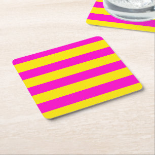 Hot Pink And Canary Yellow Stripes Square Paper Coaster