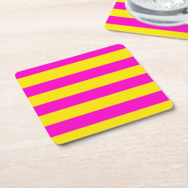 Hot Pink And Canary Yellow Stripes Square Paper Coaster (Angled)
