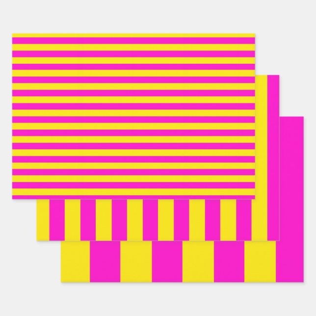 Hot Pink And Canary Yellow Stripes Wrapping Paper Sheet (Set)