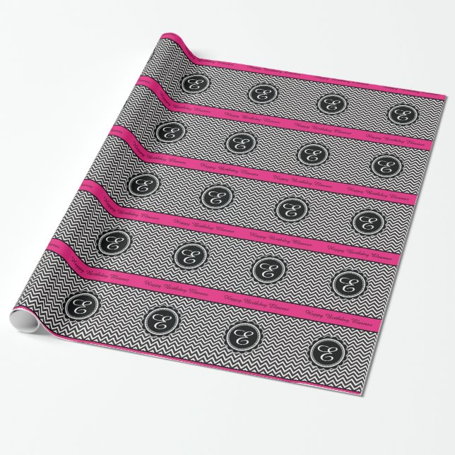 Hot Pink and Chevron ZigZag Monogram Birthday Wrapping Paper (Unrolled)