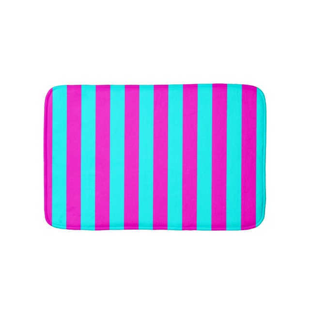 Hot Pink And Cyan Blue Green Turquoise Stripes Bath Mat (Front)