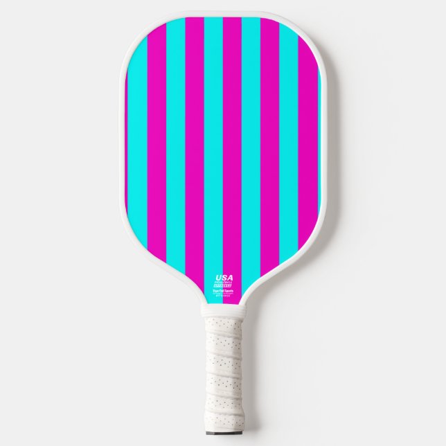 Hot Pink And Cyan Blue Green Turquoise Stripes Pickleball Paddle (Front)