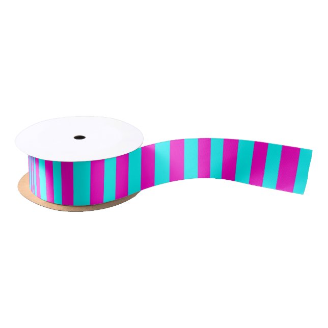 Hot Pink And Cyan Blue Green Turquoise Stripes Satin Ribbon (Spool)