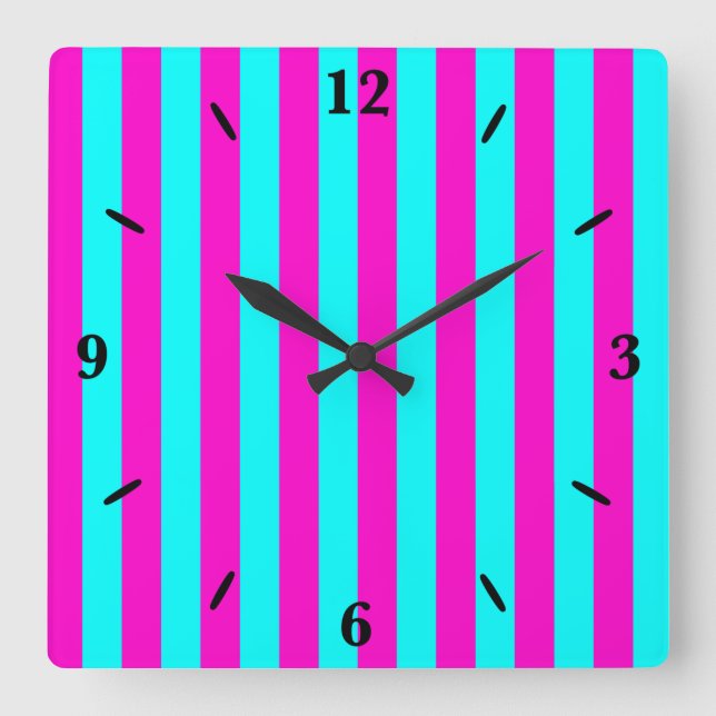 Hot Pink And Cyan Blue Green Turquoise Stripes Square Wall Clock (Front)