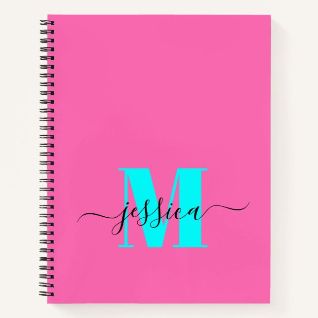 Hot Pink and Cyan Personalised Monogram Notebook (Front)
