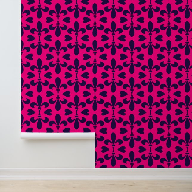 Hot Pink and Deep Blue Fleur De Lys Pattern Wallpaper (Application)