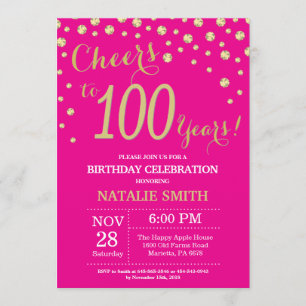 Hot Pink and Gold 100th Birthday Diamond Invitation