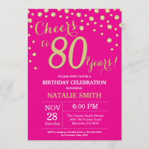 Hot Pink and Gold 80th Birthday Diamond Invitation
