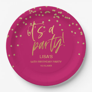Hot Pink and Gold Birthday Paper Plate