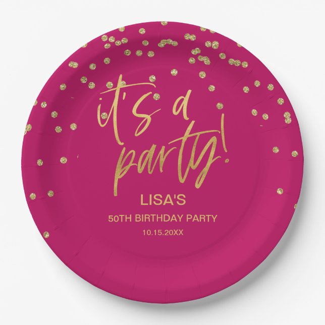 Hot Pink and Gold Birthday Paper Plate (Front)