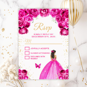 Hot Pink and Gold Brunette Hair Princess RSVP Card