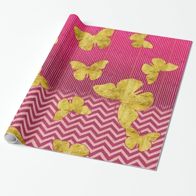 Hot Pink and Gold Butterflies Wrapping Paper (Unrolled)