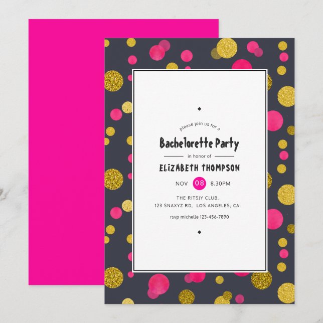 Hot-Pink and Gold Confetti Bachelorette Party Invitation (Front/Back)