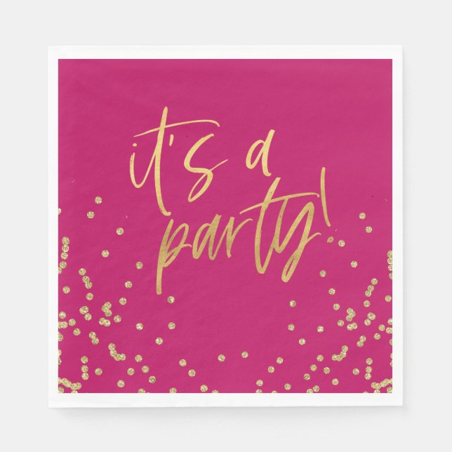 Hot Pink and Gold Confetti Party Napkin (Front)
