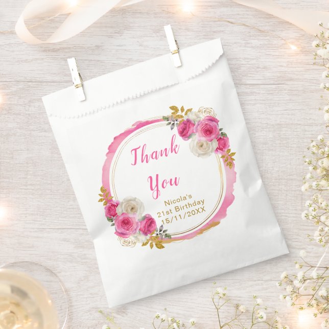 Hot Pink and Gold Elegant Flowers Birthday Party Favour Bags (Clipped)
