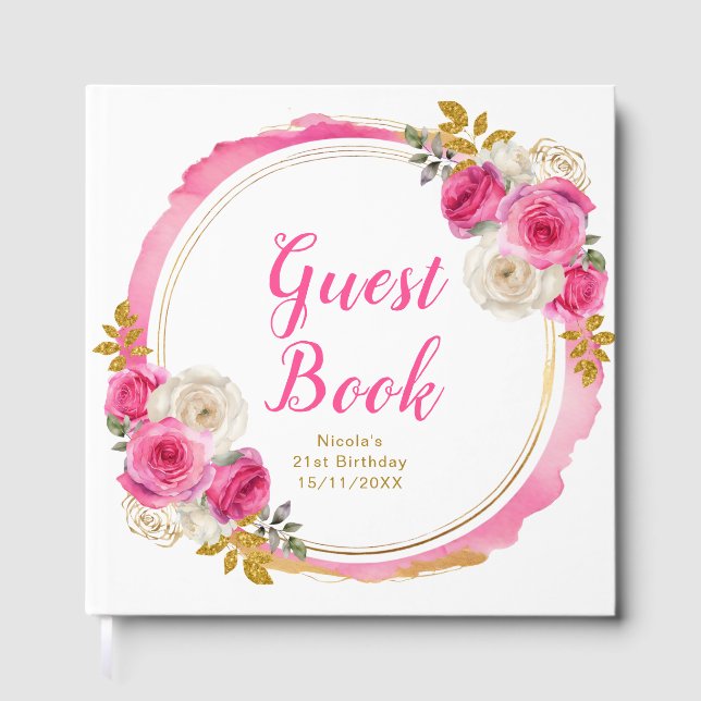 Hot Pink and Gold Elegant Flowers Birthday Party Guest Book (Front)