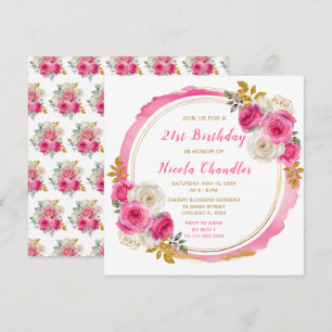 Hot Pink and Gold Elegant Flowers Birthday Party Invitation