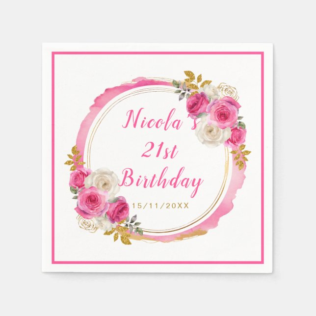 Hot Pink and Gold Elegant Flowers Birthday Party Napkin (Front)