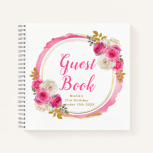 Hot Pink and Gold Elegant Flowers Birthday Party Notebook